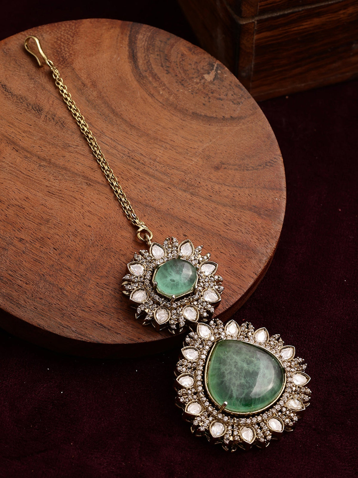 Kundan Maang Tikka with Diamonds & Semi Precious Stone - Ruby Raang