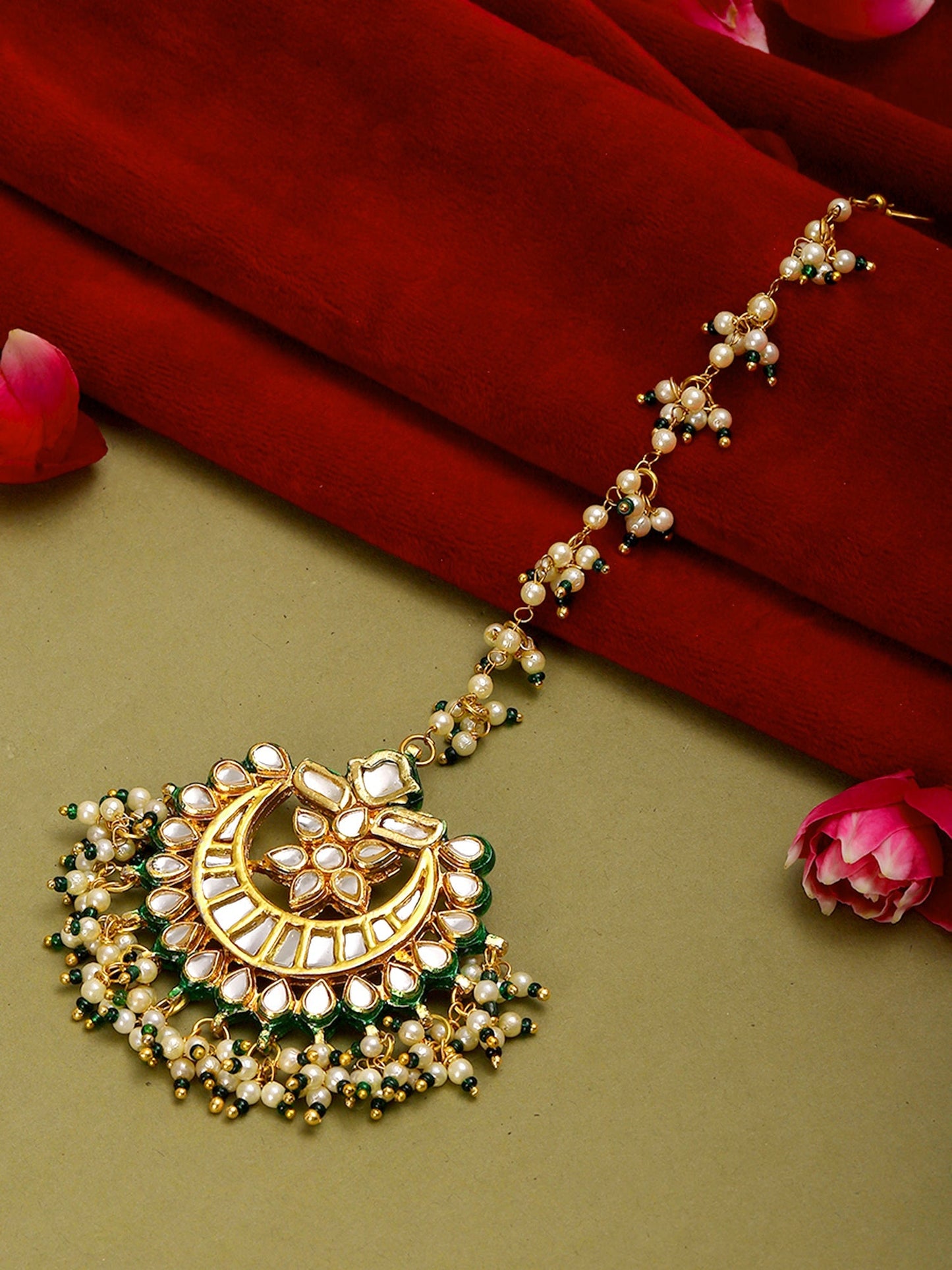 Meenakari and Pearl Kundan Maang Tikka - Ruby Raang