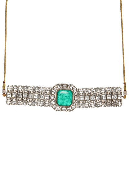 Emerald Stone with Diamonds and Mossainite Choker and Studs - Ruby Raang