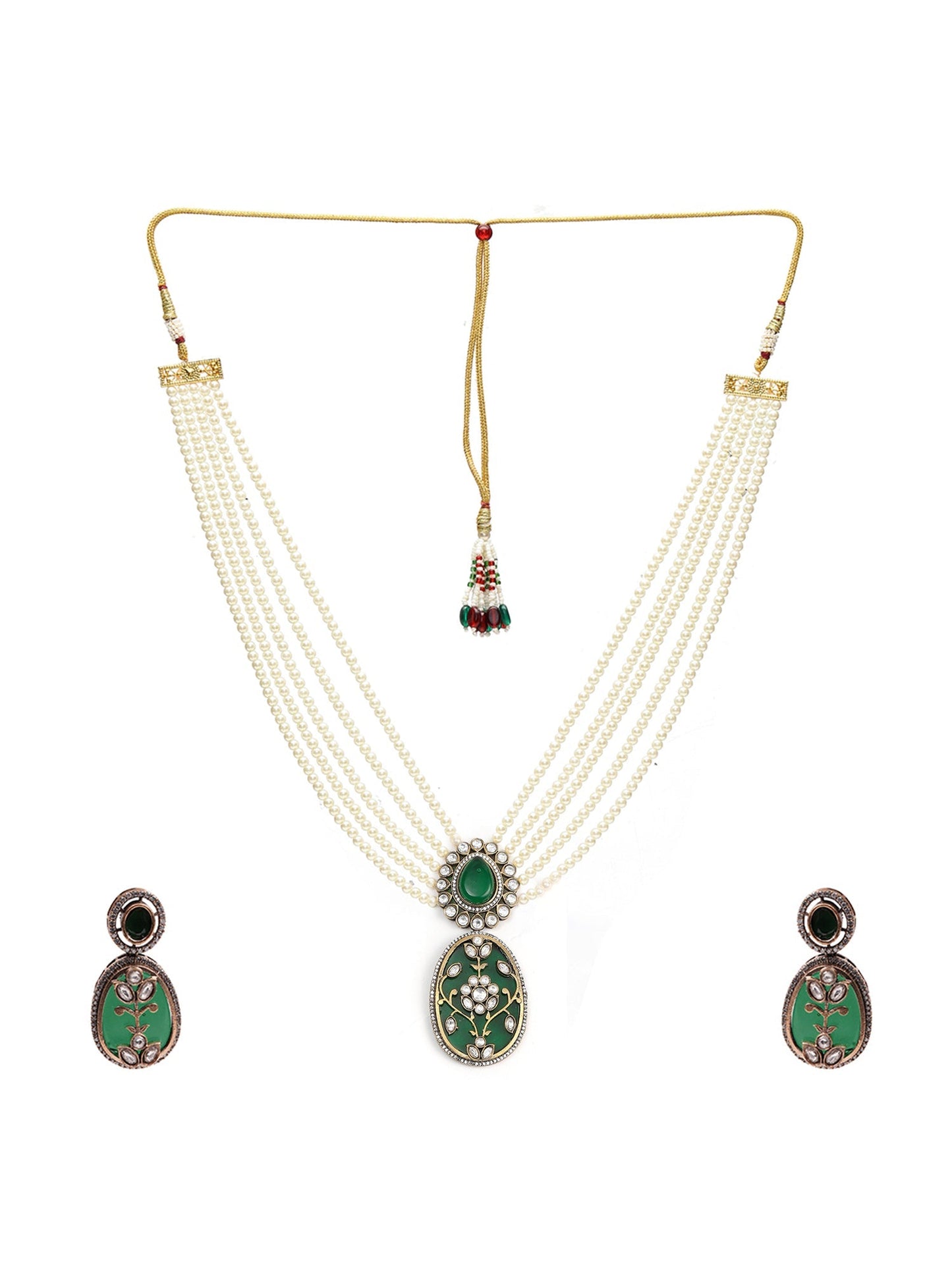 Long Pearl Layered Necklace with Pendant and Matching Earrings - Ruby Raang