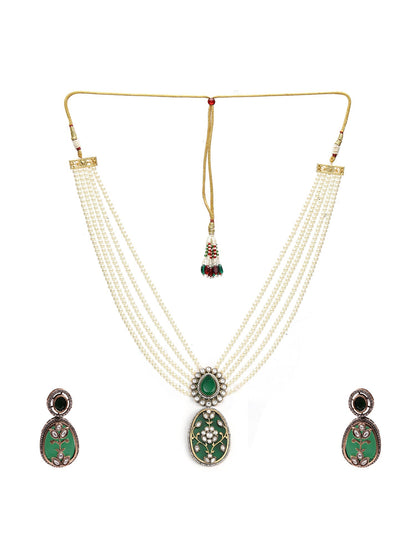 Long Pearl Layered Necklace with Pendant and Matching Earrings - Ruby Raang