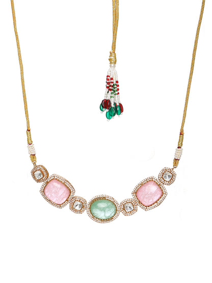 Multi Stone and Mossainite Kundan Choker with Matching Earrings and Maang Tikka - Ruby Raang
