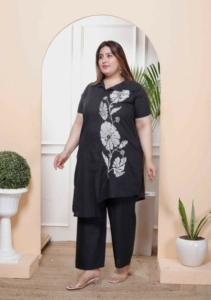 Miravan Women's Plus Size Black Pure Cotton Floral Embroidered High Low Co-Ord Set