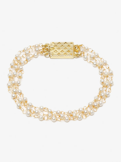 Women's Gold-Toned White Pearls Handcrafted Gold-Polished Multistrand Bracelet - Ruby Raang