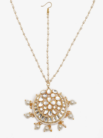 Gold-Polished White Kundan-Studded Pearl Beaded Handcrafted Maatha Patti - Ruby Raang