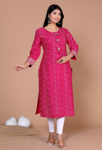 Miravan Women's Embroidered Pink Bandhani Pakistani Straight Kurti