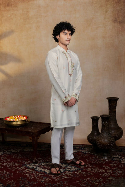 Falling Raw Silk Off White Geometric Symphony Kurta Set By Hilo Design