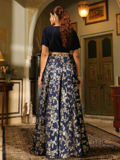Janasya Navy Blue Silk Blend Solid Lehenga Choli