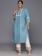 Sztori Plus Size Floral Printed Notch Neck Cotton Straight Kurta