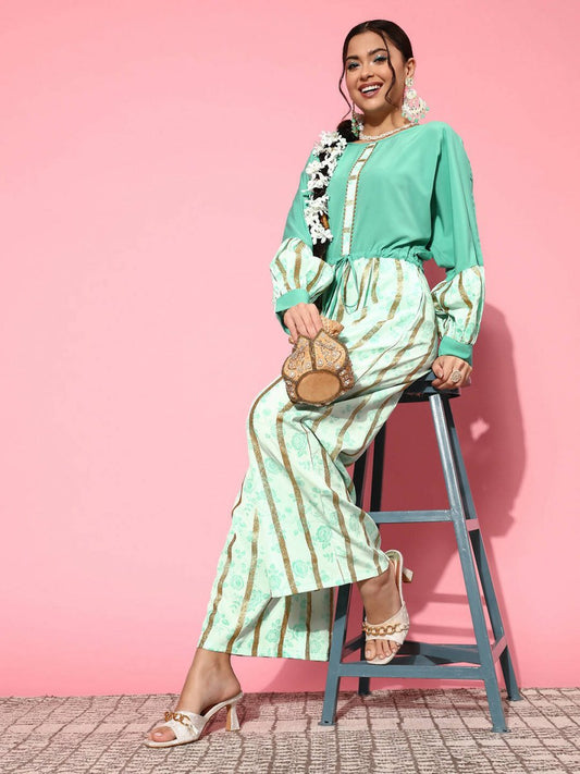 Ahalyaa Women Gorgeous Green Printed Once Upon a Sleeve Jumpsuit