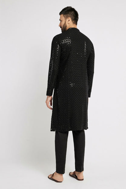 Ethnic India Black Men's Kurta Embellished Viscose Rayon