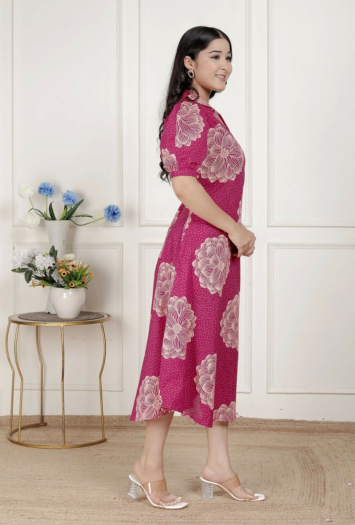 Miravan Womens Pink Printed Collar Neck Short Puff Sleeves Cotton A-Line Maxi Dress