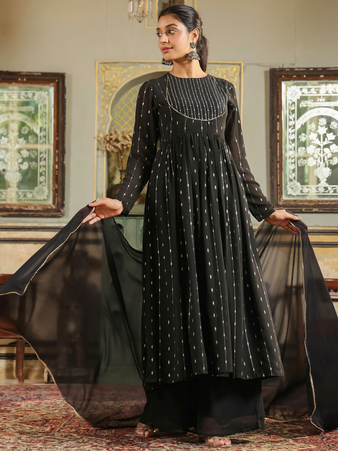 Janasya Black Georgette Foil Print Kurta,Bottom & Dupatta