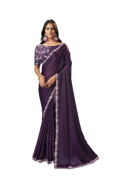 Dark Purple Silk crepe Solid Saree With Unstitched Blouse Piece - Norita Ikshita