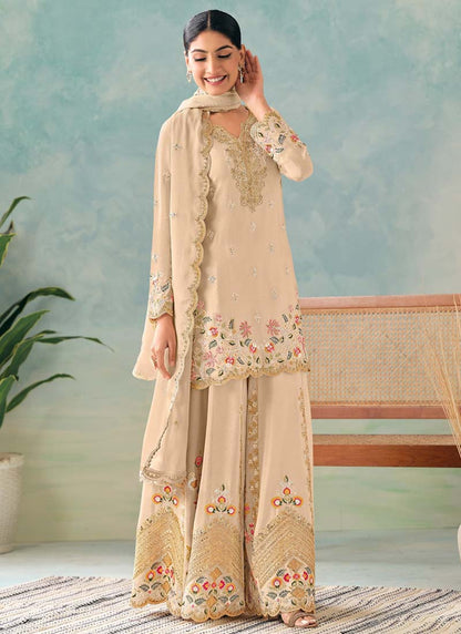 Vegaa Fashion Cream Premium Chinon Embroidered Palazzo Suit