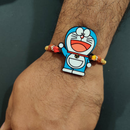 Indianvibez Doraemon Wooden Rakhi with Rudraksha, Cartoon Rakhi for Bro, Shop India - Kids Rakhi