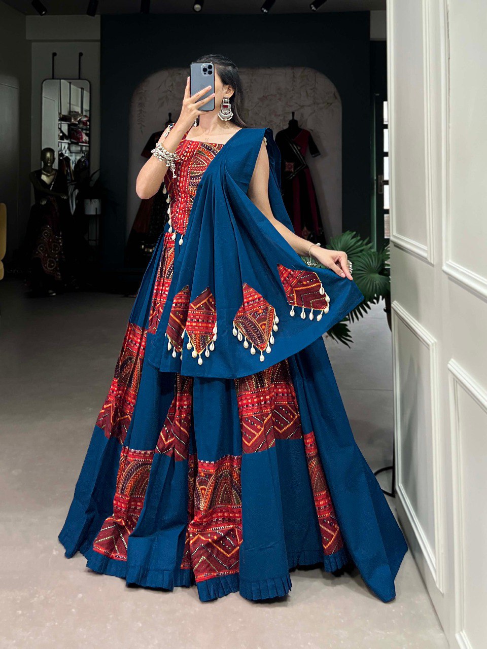 Lorenvalley Pure Cotton Rama Plain And Printed With Foil Work Lehenga Choli with Dupatta