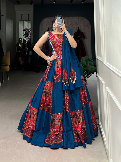 Lorenvalley Pure Cotton Rama Plain And Printed With Foil Work Lehenga Choli with Dupatta