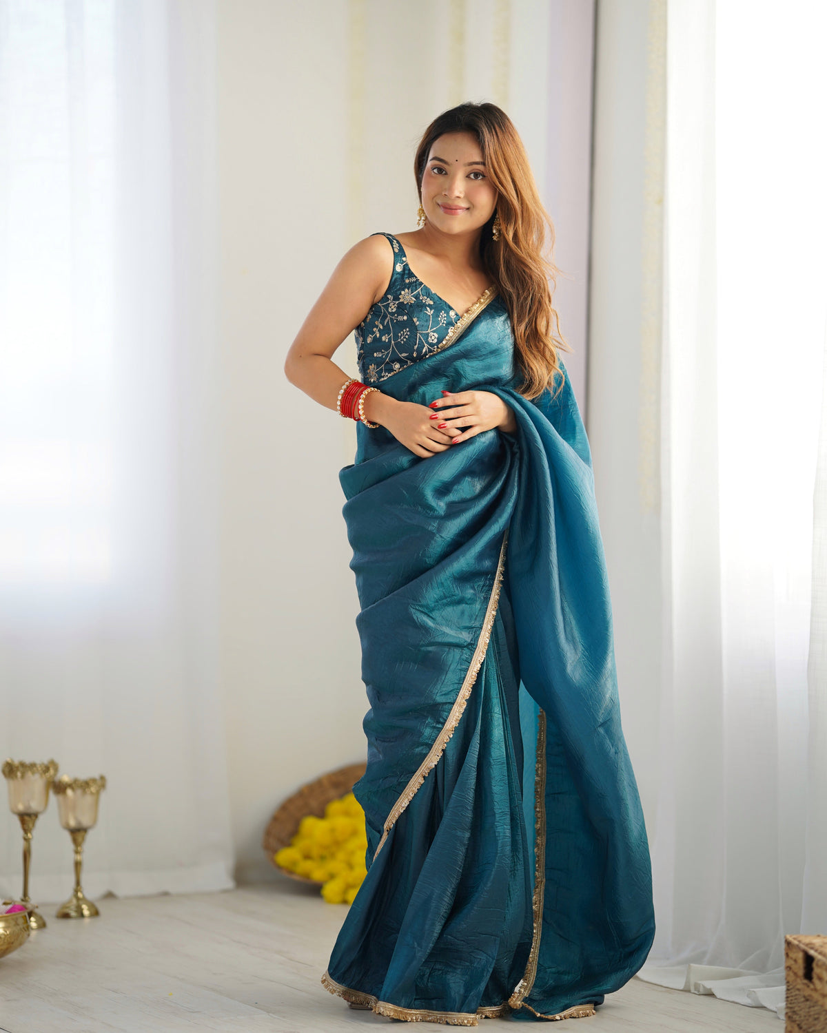 Lorenvalley Ready to wear Crush Tissue Silk Fabric Fancy Border Premium Lace Work Predrapped Saree