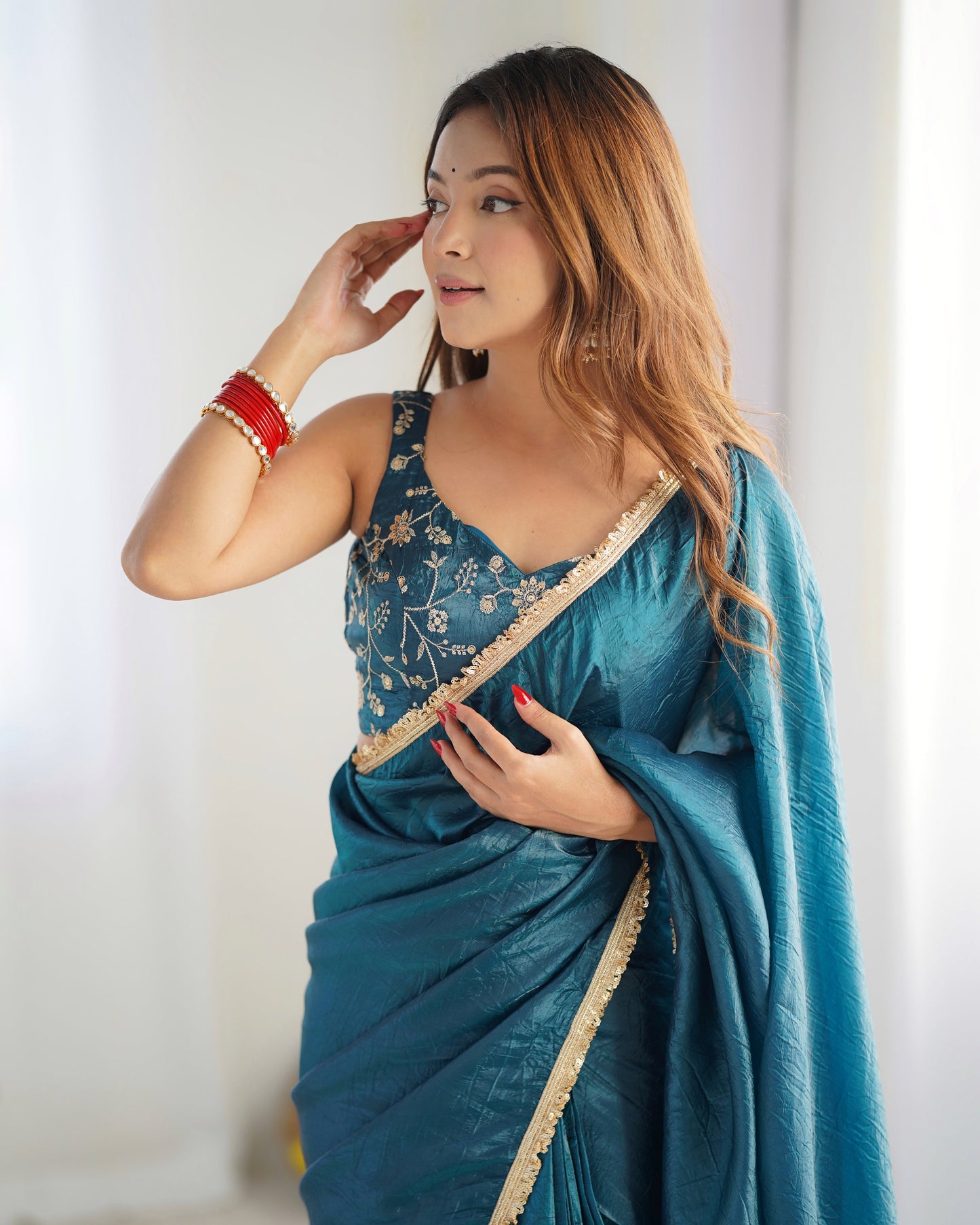 Lorenvalley Ready to wear Crush Tissue Silk Fabric Fancy Border Premium Lace Work Predrapped Saree