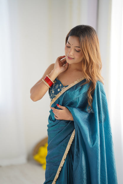 Lorenvalley Ready to wear Crush Tissue Silk Fabric Fancy Border Premium Lace Work Predrapped Saree