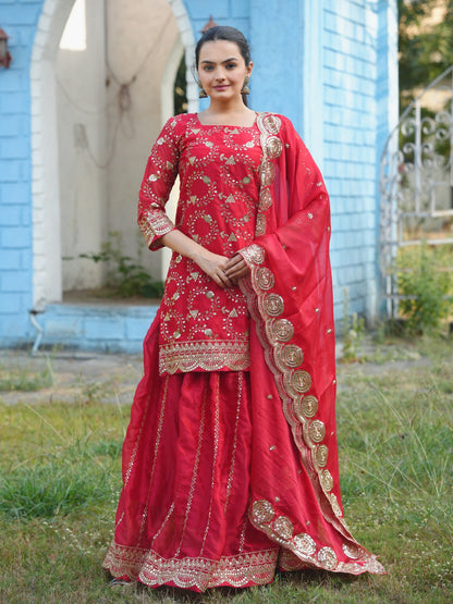 Lehenga Mart Designer Rangoli Silk Lehenga Suit With Sequence Embroidered Work - Red