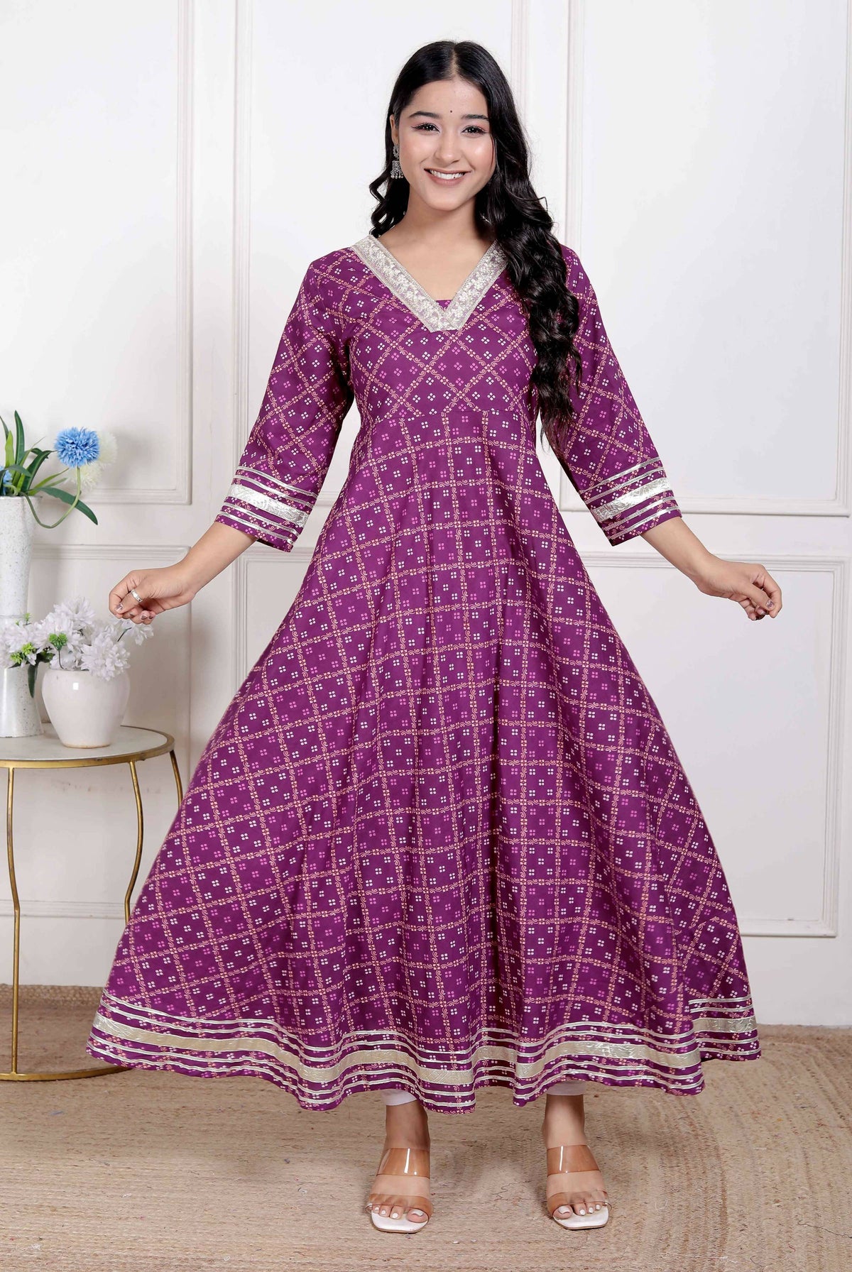 Miravan Women Cotton Magenta Gota lace and Embroidered Anarkali Kurta