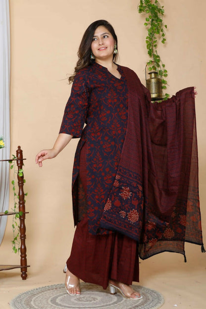 Miravan Women's Maroon Plus Size Floral Pure Cotton Kurta With Sharara And Dupatta Set