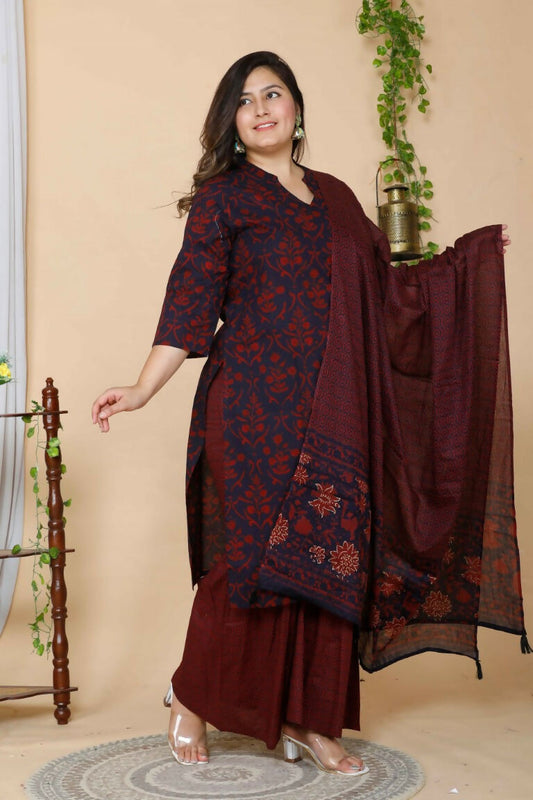 Miravan Women's Maroon Plus Size Floral Pure Cotton Kurta With Sharara And Dupatta Set