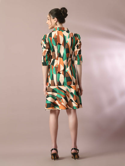 Myshka Women's Multi Printed Shirt Collar Fit and Flare Party Dress