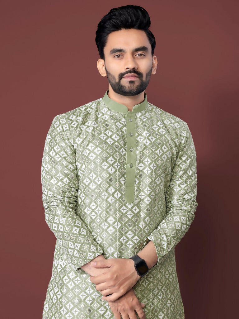 Light Green Mens Kurta with Pyjamas for Function by Infinity Export