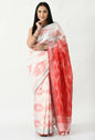 Mominos Fashion Moeza White & Red Bhagalpuri Handloom Ikat Pure Cotton Saree with unstitched Blouse piece