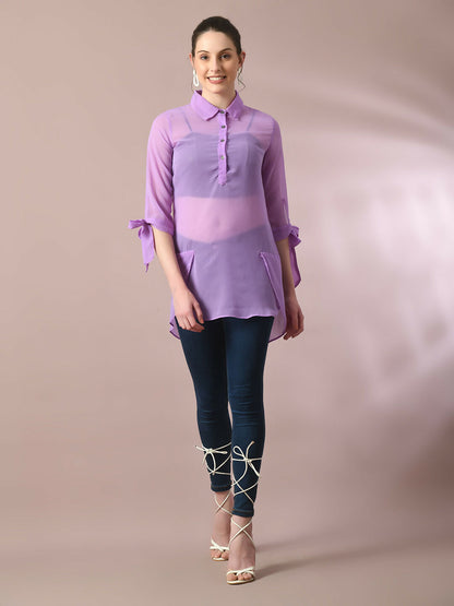 Myshka Women's Lavender Solid Georgette Longline Party Sheer Tunic