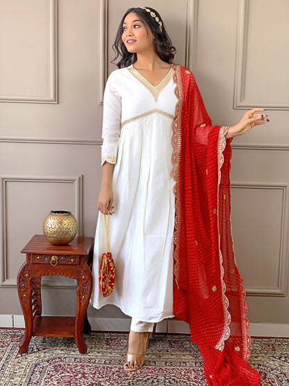 The52 Women's Gorgeous Embroidery Chandrei Fabric Straight Kurta, Pant and Dupatta Set
