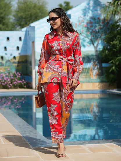 Yufta Red And Yellow Printed Satin Co-Ords