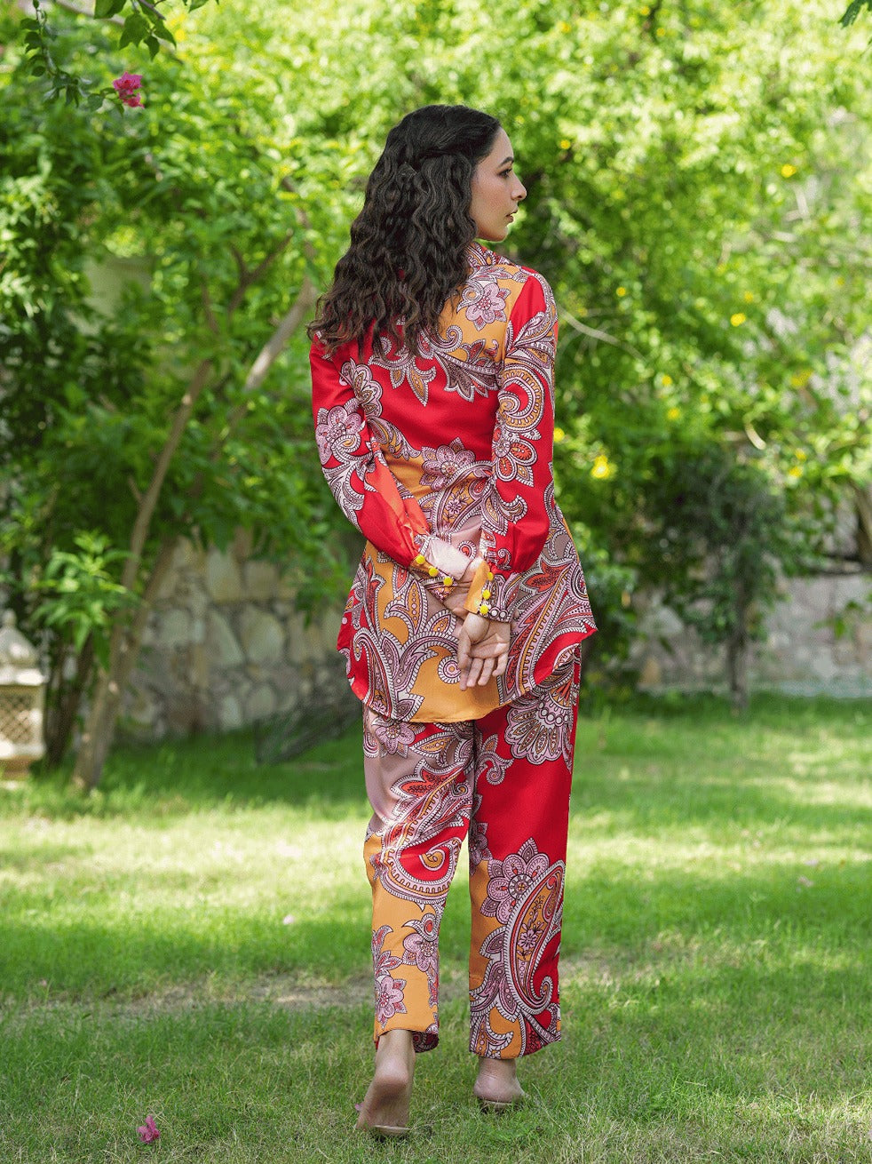 Yufta Red And Yellow Printed Satin Co-Ords