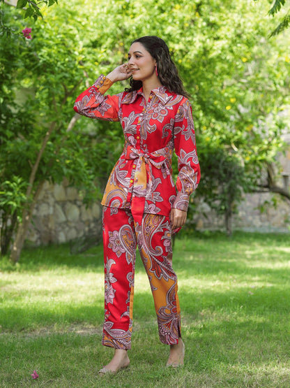 Yufta Red And Yellow Printed Satin Co-Ords