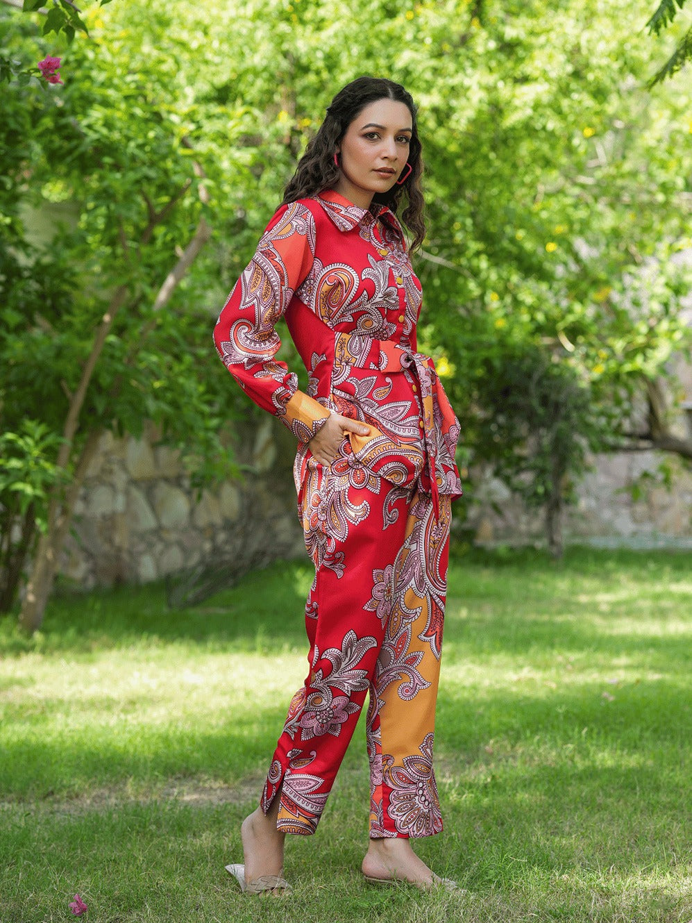 Yufta Red And Yellow Printed Satin Co-Ords