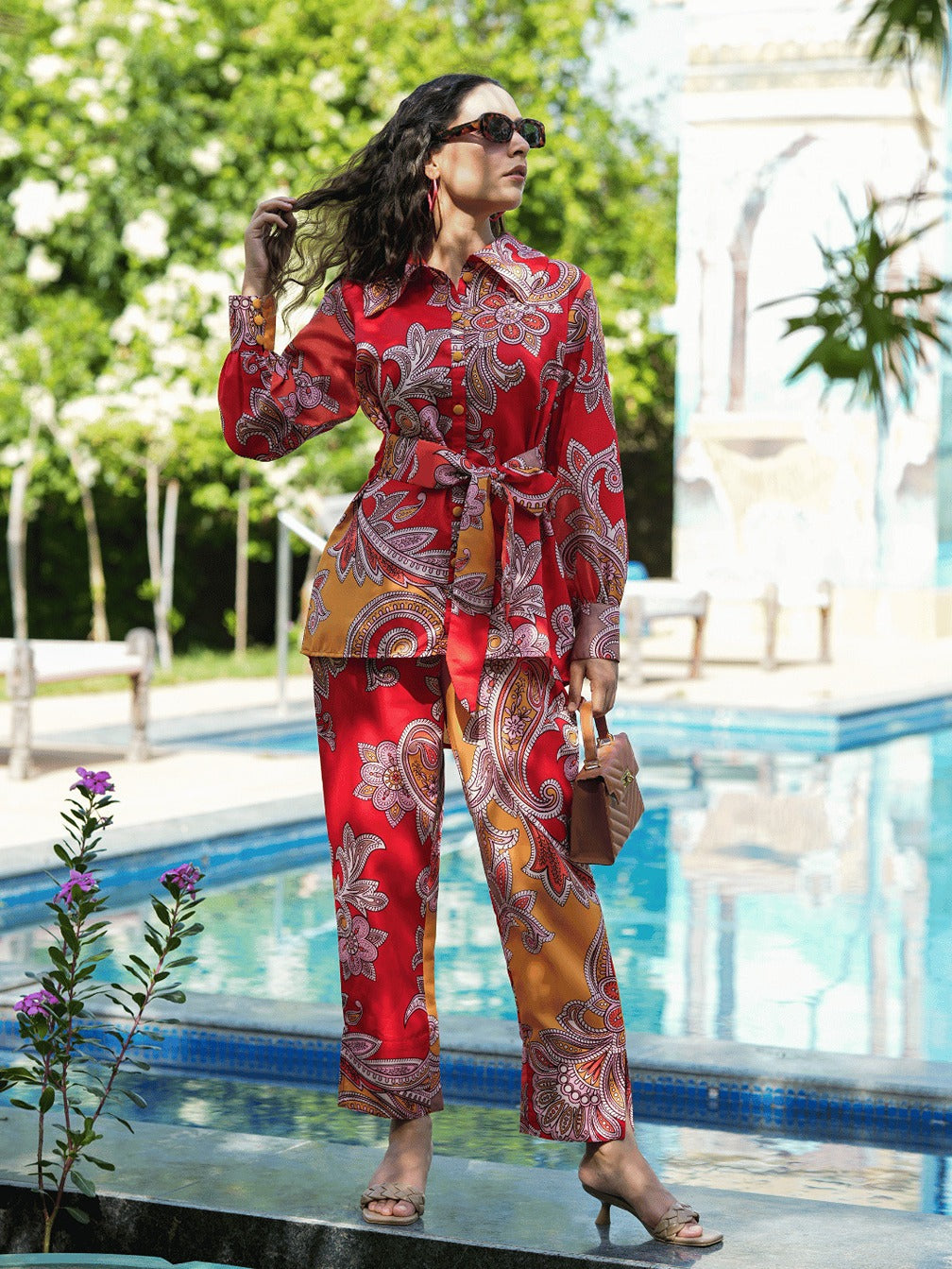 Yufta Red And Yellow Printed Satin Co-Ords