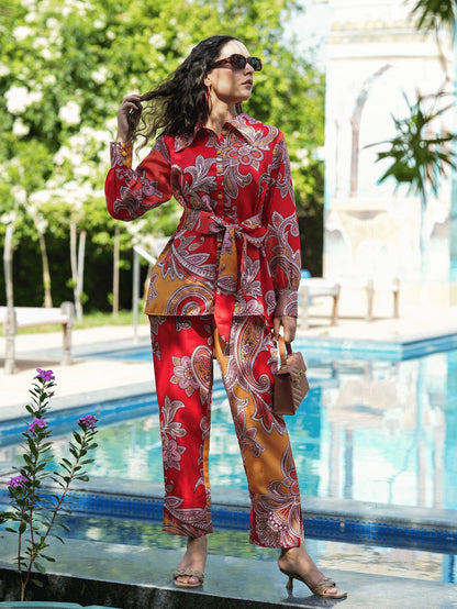 Yufta Red And Yellow Printed Satin Co-Ords
