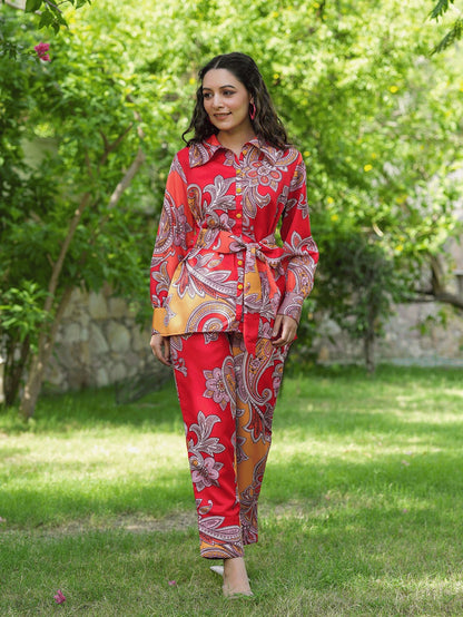 Yufta Red And Yellow Printed Satin Co-Ords