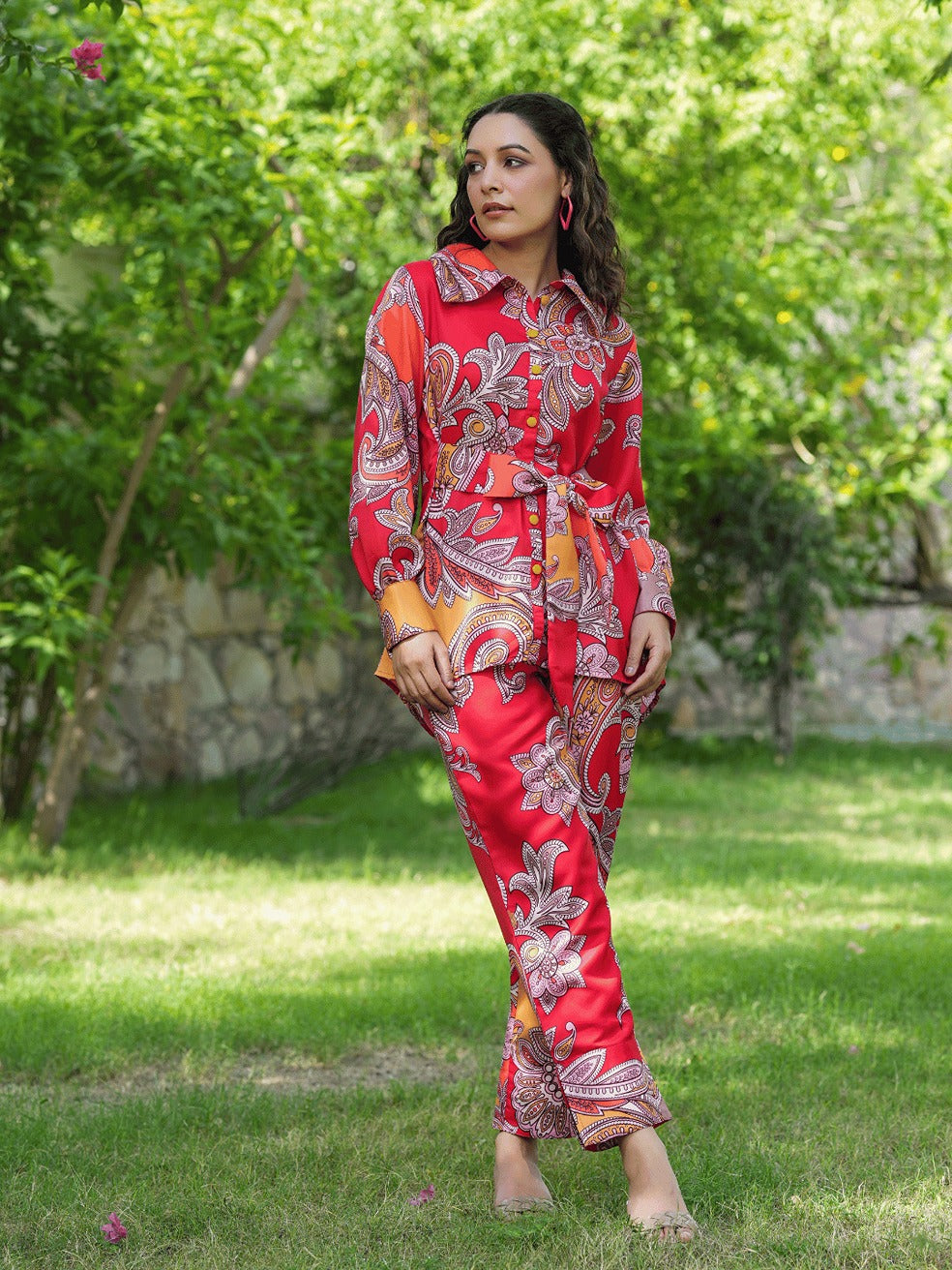 Yufta Red And Yellow Printed Satin Co-Ords