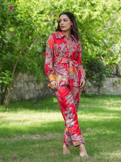 Yufta Red And Yellow Printed Satin Co-Ords