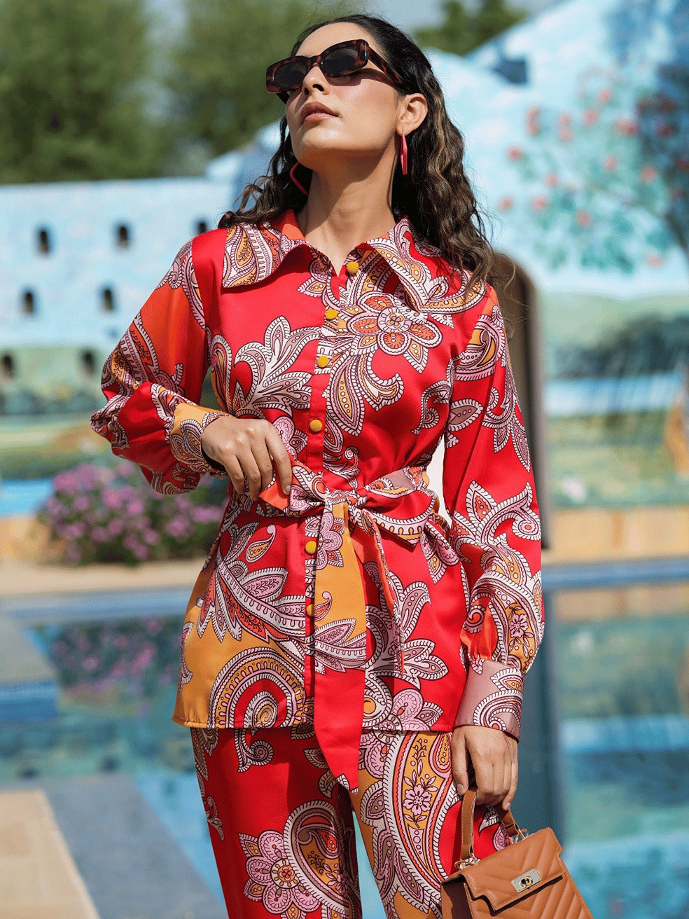 Yufta Red And Yellow Printed Satin Co-Ords