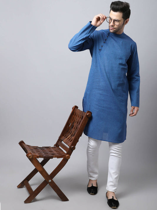 Even Apparels Blue Pure Cotton Men's Kurta With Side Placket