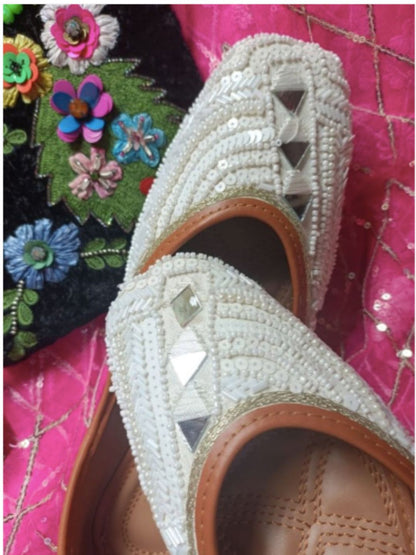 Desi Colour Women Indian Ethnic Footwear-White Mirror Emb