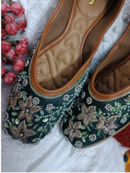 Desi Colour Women Indian Ethnic Footwear-Dark green Flower