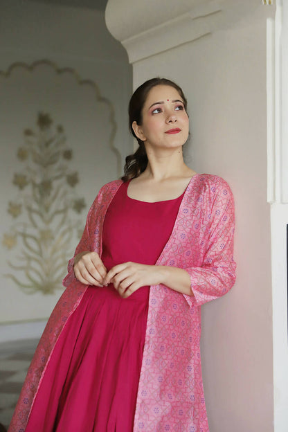 Partywear Designer Digital print Pink Maslin Gown - Anbazaar