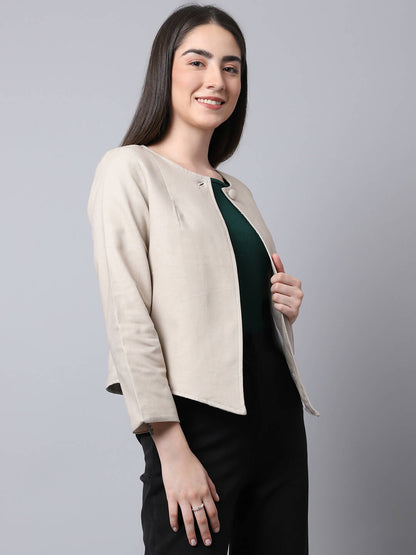 Even Apparels Cream Linen Cotton Open Front Statement Women's Jacket