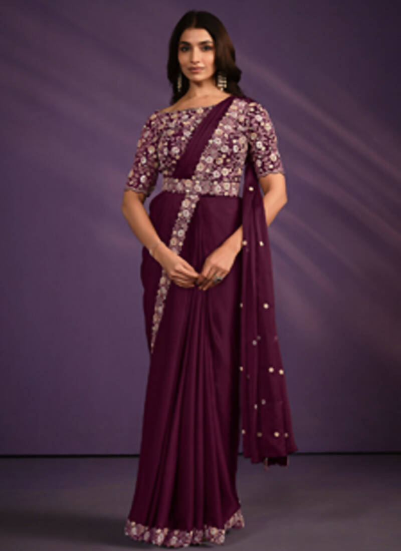 Wine Crepe Satin Silk Embroidered Saree With Stitched Blouse - Mohmanthan Exotica